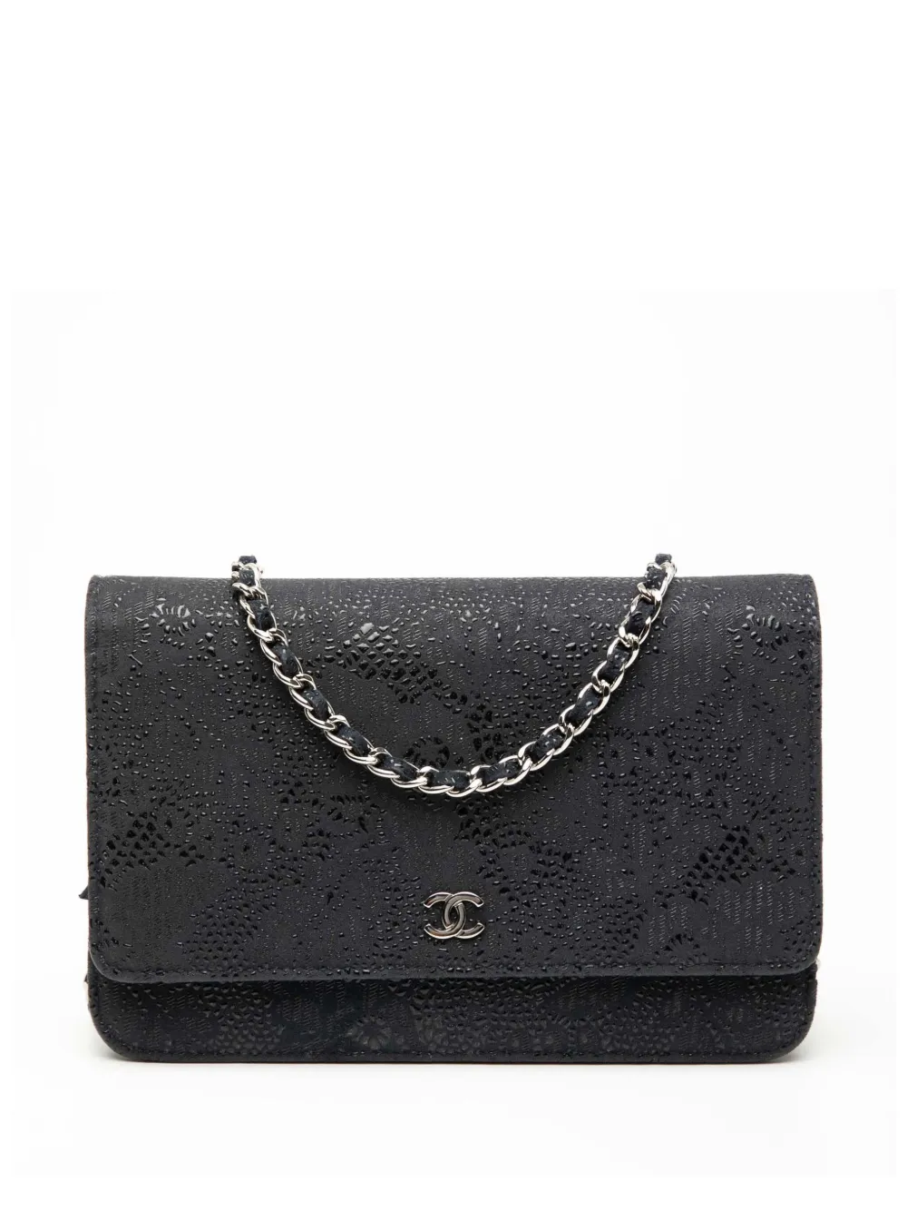 Pre-owned Chanel 2013-2014 Cc Lace Overlay Goatskin Wallet On Chain Crossbody Bag In Blue