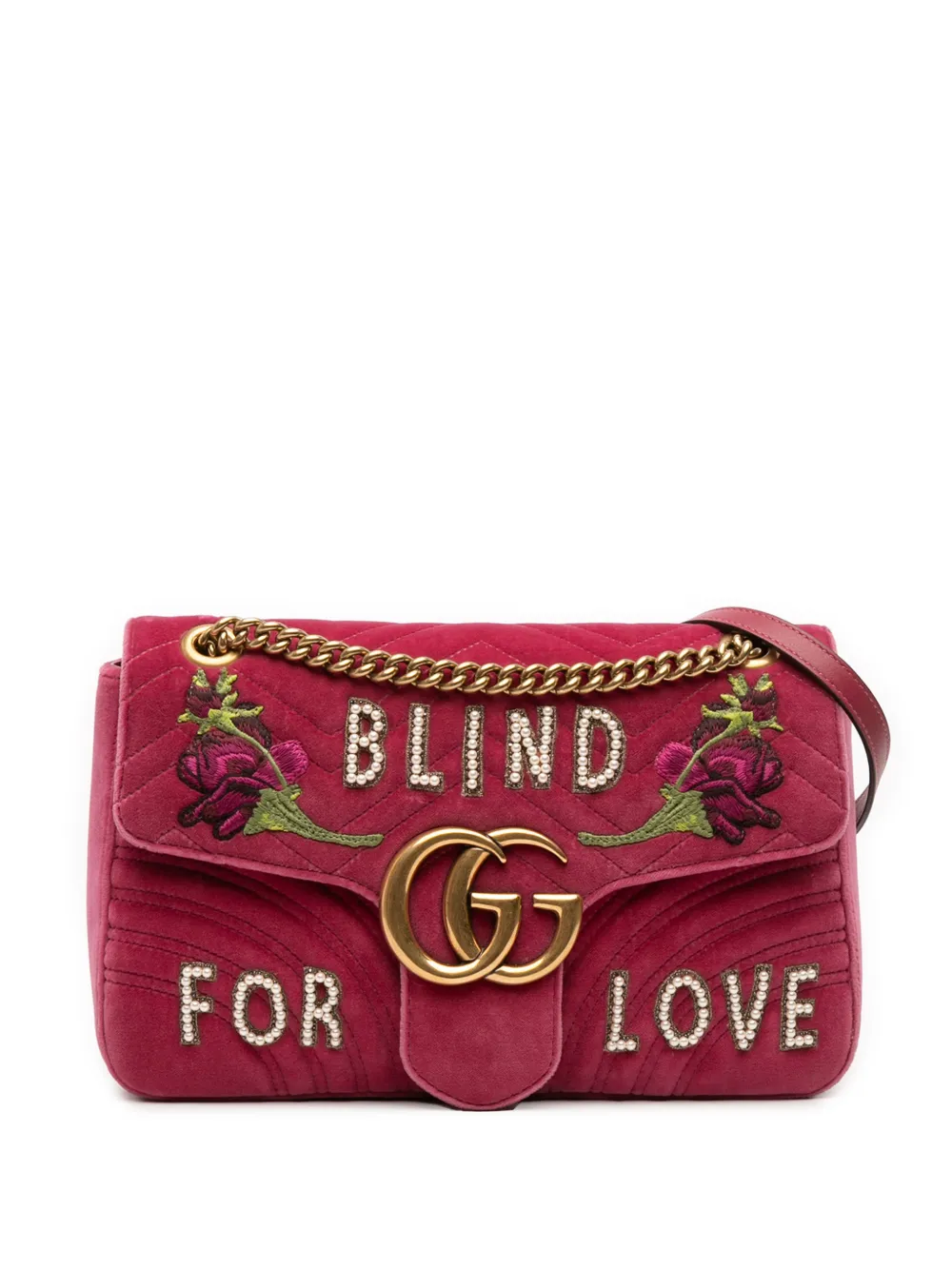 Pre-owned Gucci 2016-2025 Large Gg Marmont Matelasse Velvet Embroidered Blind For Love Shoulder Bag In Pink