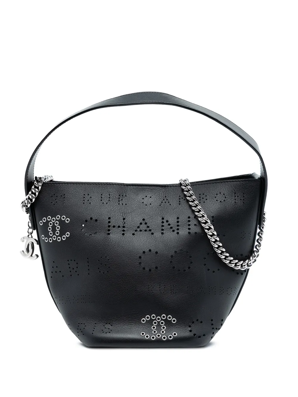 CHANEL Pre-Owned 2019 Small Perforated Calfskin Logo Eyelet bucket bag - Nero
