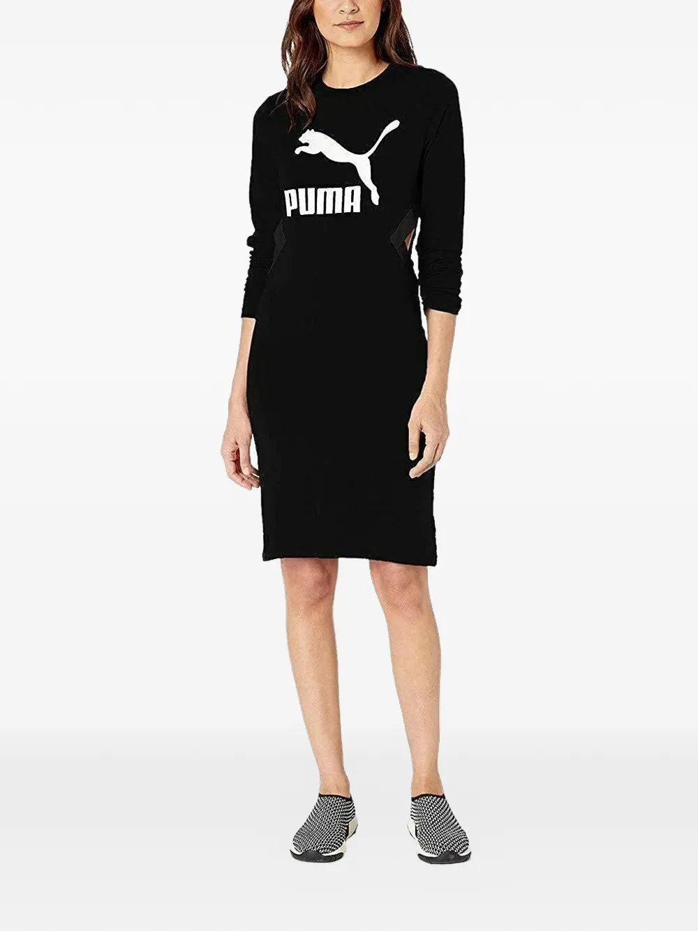 PUMA Midi-jurk met lange mouwen en logoprint Zwart