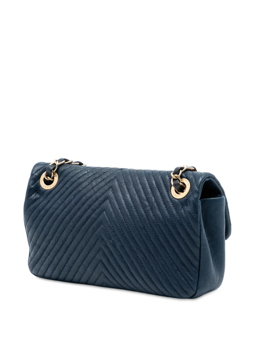 Pre-owned Chanel 2015-2016 Small Chevron Wrinkled Calfskin Medallion Charm Surpique Flap Shoulder Bag In Blue