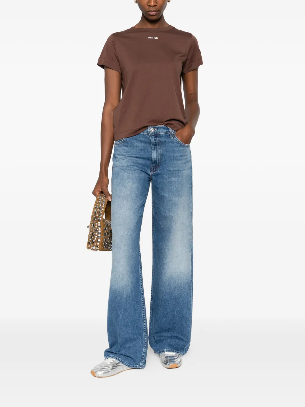 PINKO T-shirt met logoprint met ronde hals Bruin