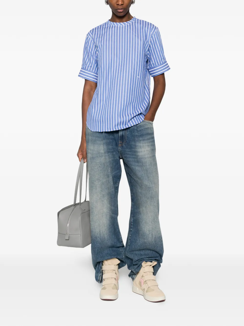  Nº21 Striped Short-sleeve Blouse - Blue 