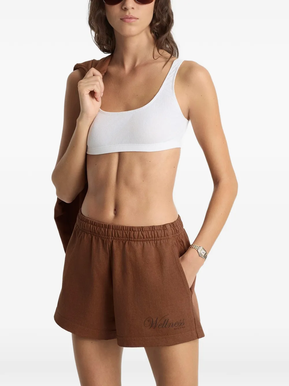  Sporty & Rich Soho Disco Elasticated Waist Shorts - Brown 