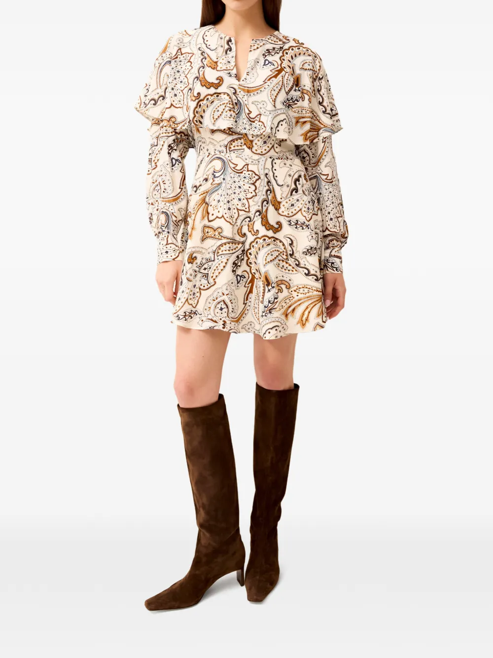 Marie Oliver Reeves ruffled paisley-print mini dress - Beige