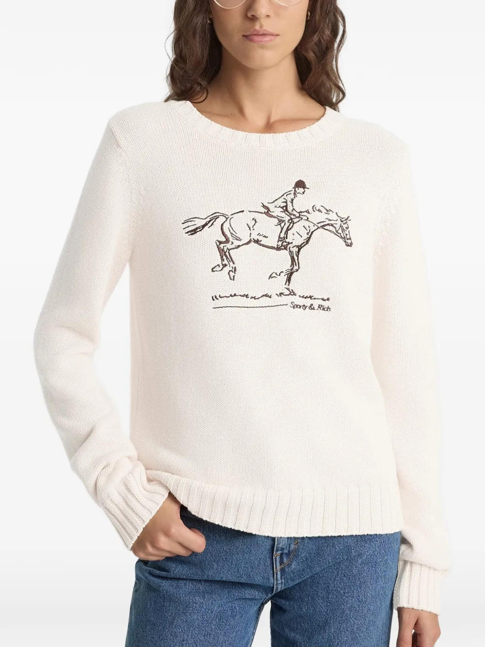  Sporty & Rich Equestrian Graphic Crew-neck Sweater - Neutrals 