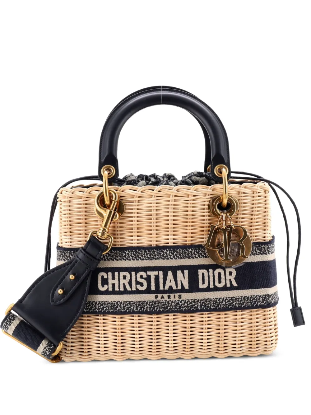Christian Dior Pre-Owned Borsa tote Lady Dior media in vimini e tela con motivo Oblique - Blu