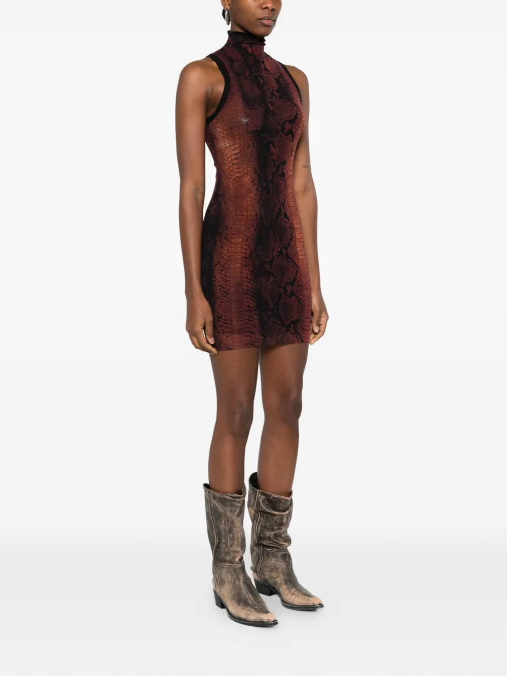 Jean Paul Gaultier Mini-jurk met hoge hals en slangenleer Bruin