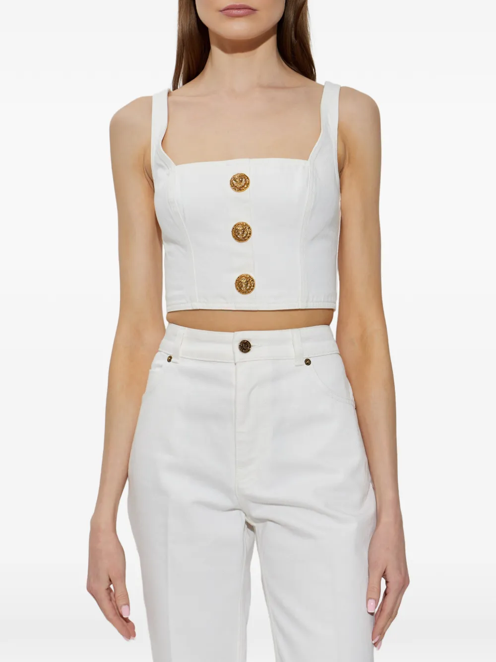  Balmain Button Square-neck Top - White 