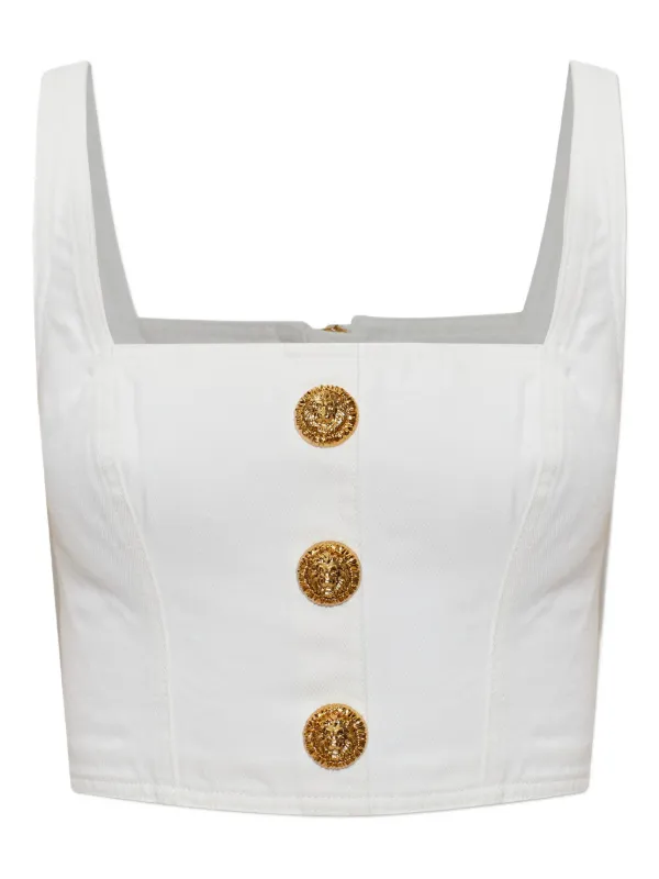Balmain Button Square-neck Top in White