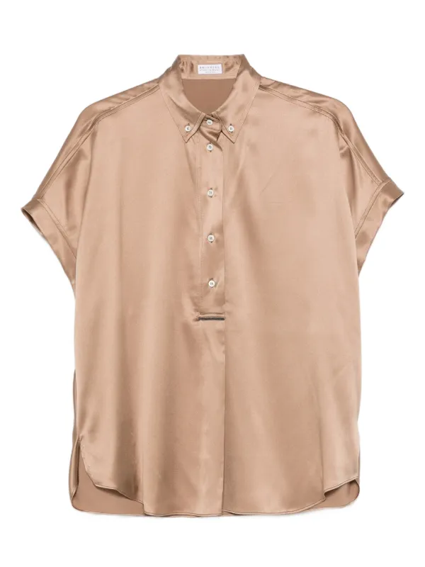 Brunello Cucinelli Stretch Silk Satin Short Sleeve Shirt with Monili in Neutrals