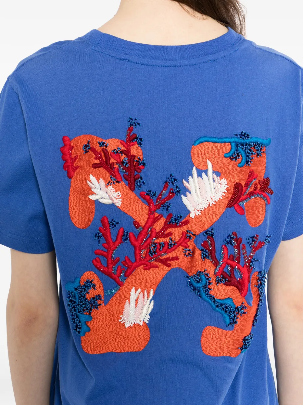 Off-White T-shirt verfraaid met stras en borduurwerk Blauw