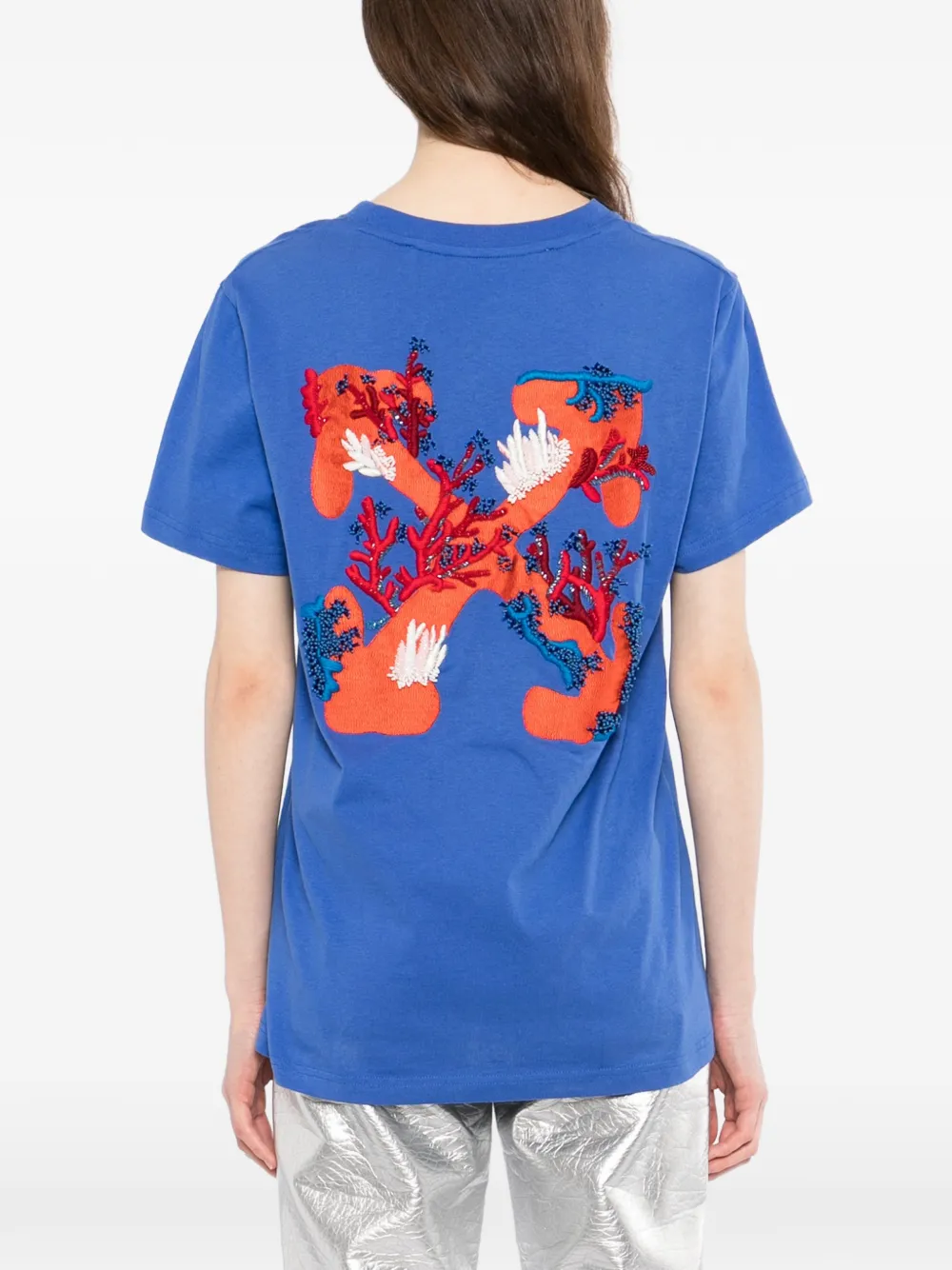 Off-White T-shirt verfraaid met stras en borduurwerk Blauw