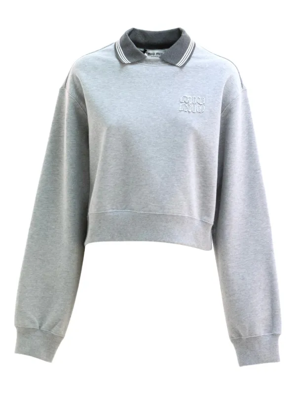 Miu Miu Ribbed-collar Embroidered Sweatshirt in Grey