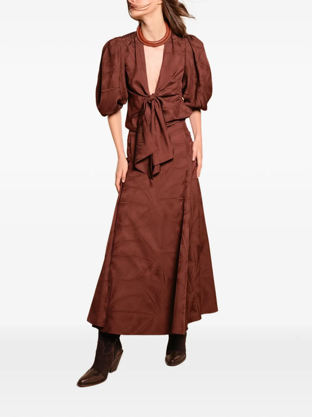 Johanna Ortiz Encanto De Isla palm-jacquard midi skirt - Bruin