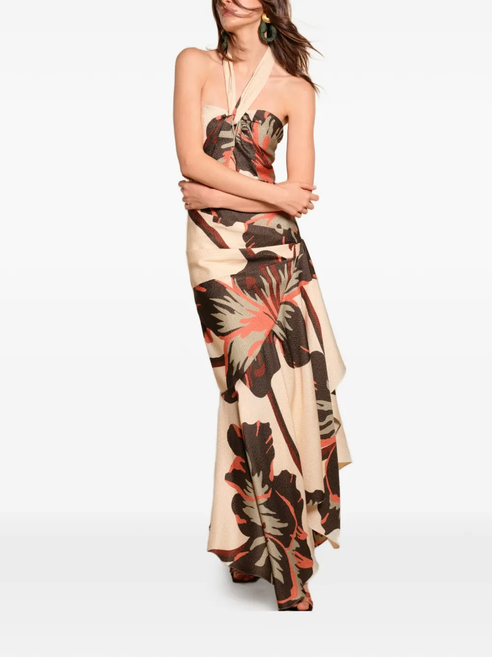 Johanna Ortiz Sol De Jade engraved-jacquard halterneck maxi dress - Beige