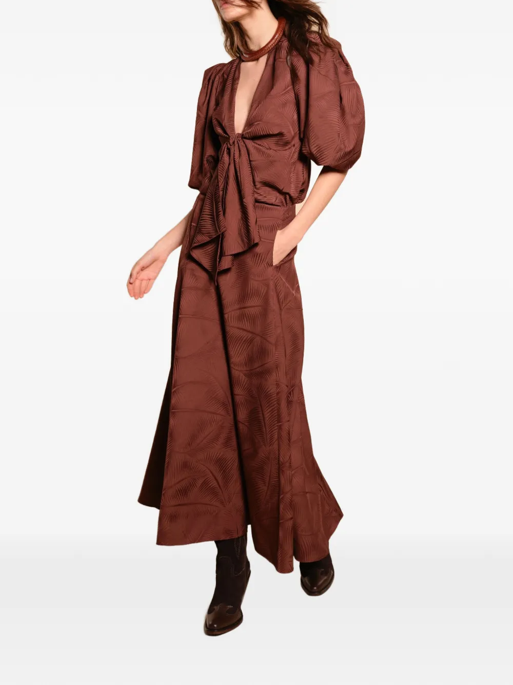 Johanna Ortiz Luz Nocturna jacquard puffed sleeve top - Bruin