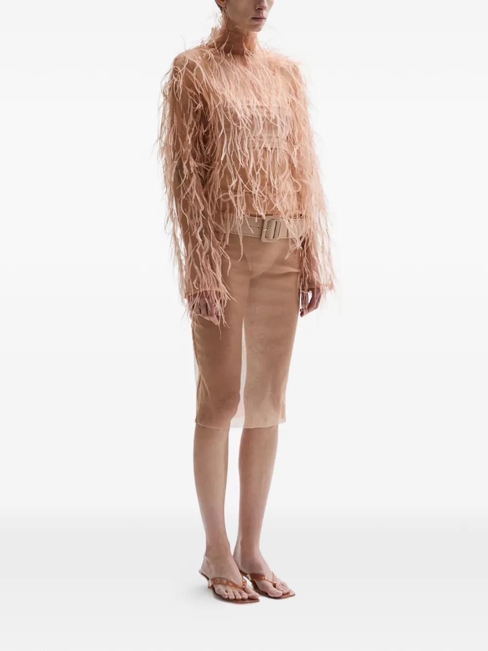  Atu Body Couture Veil Feathered Midi Skirt - Neutrals 