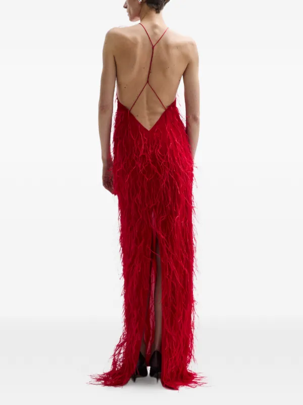 Atu Body Couture Ember Feather Halterneck Maxi Dress | Red | FARFETCH IN