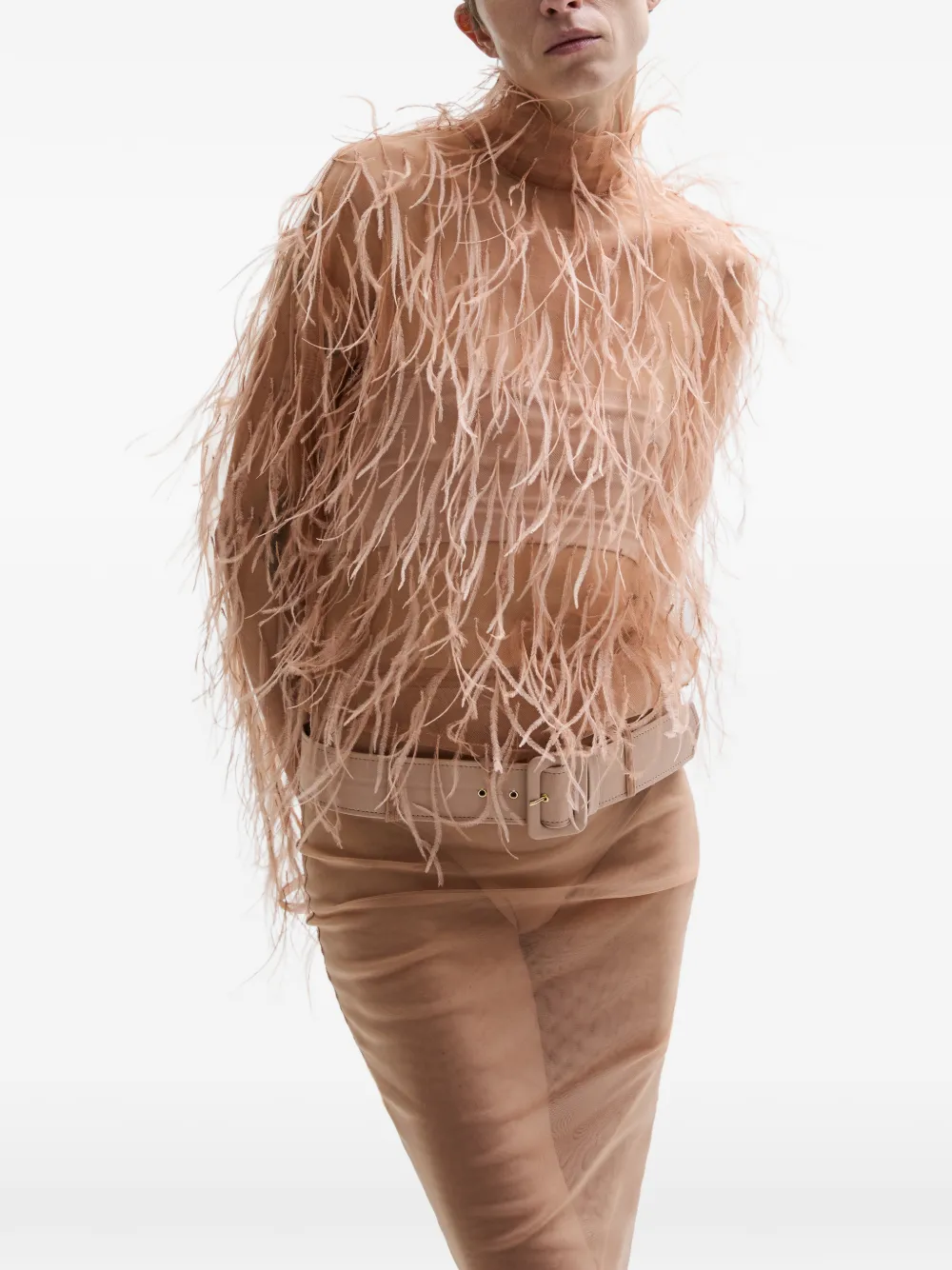 Atu Body Couture Top met hoge hals en veren Beige