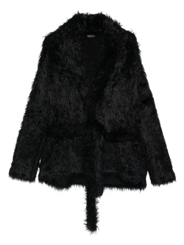 Balenciaga Belted Faux-fur Jacket in Black