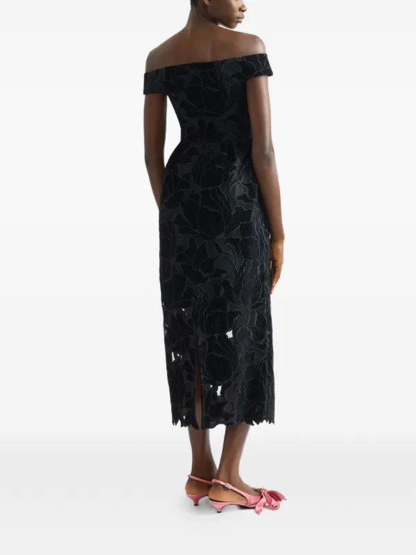 black floral off the shoulder midi dress Floral Lace-Up Off-Shoulder Midi Dress