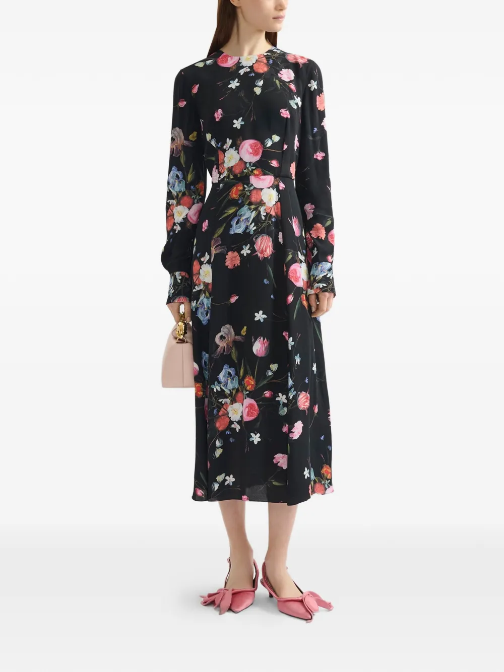 Long-Sleeves Floral-Print Midi Dress