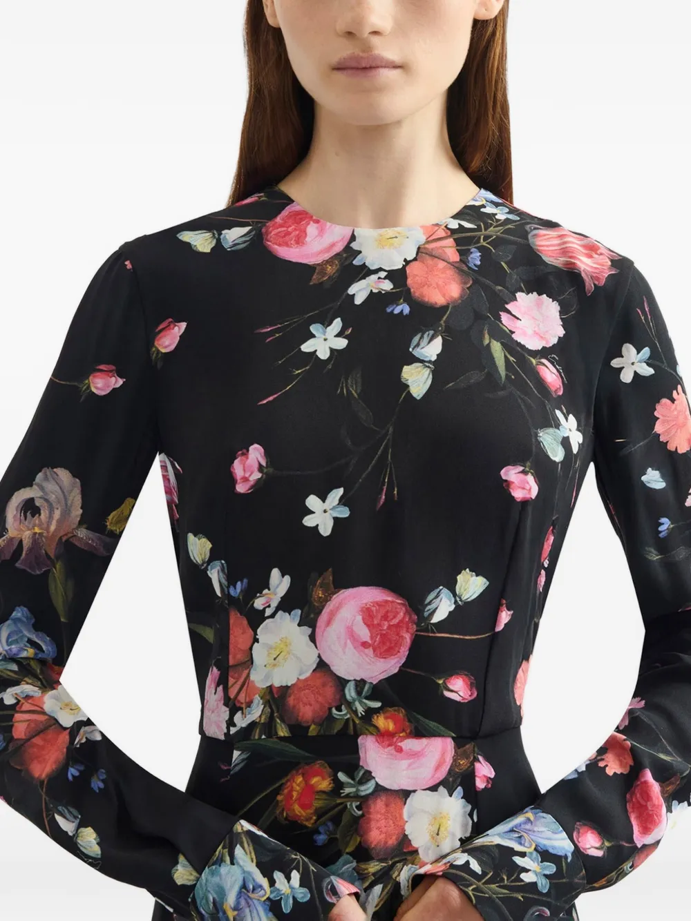 Long-Sleeves Floral-Print Midi Dress
