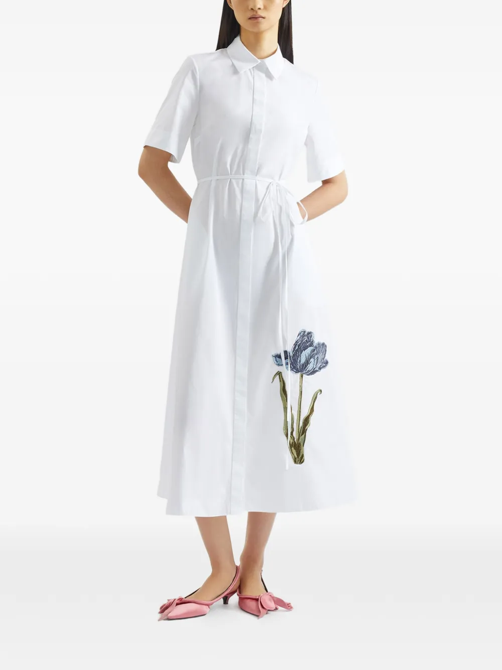 ERDEM Midi-blousejurk met geborduurde bloemen en gestrikte taille Wit