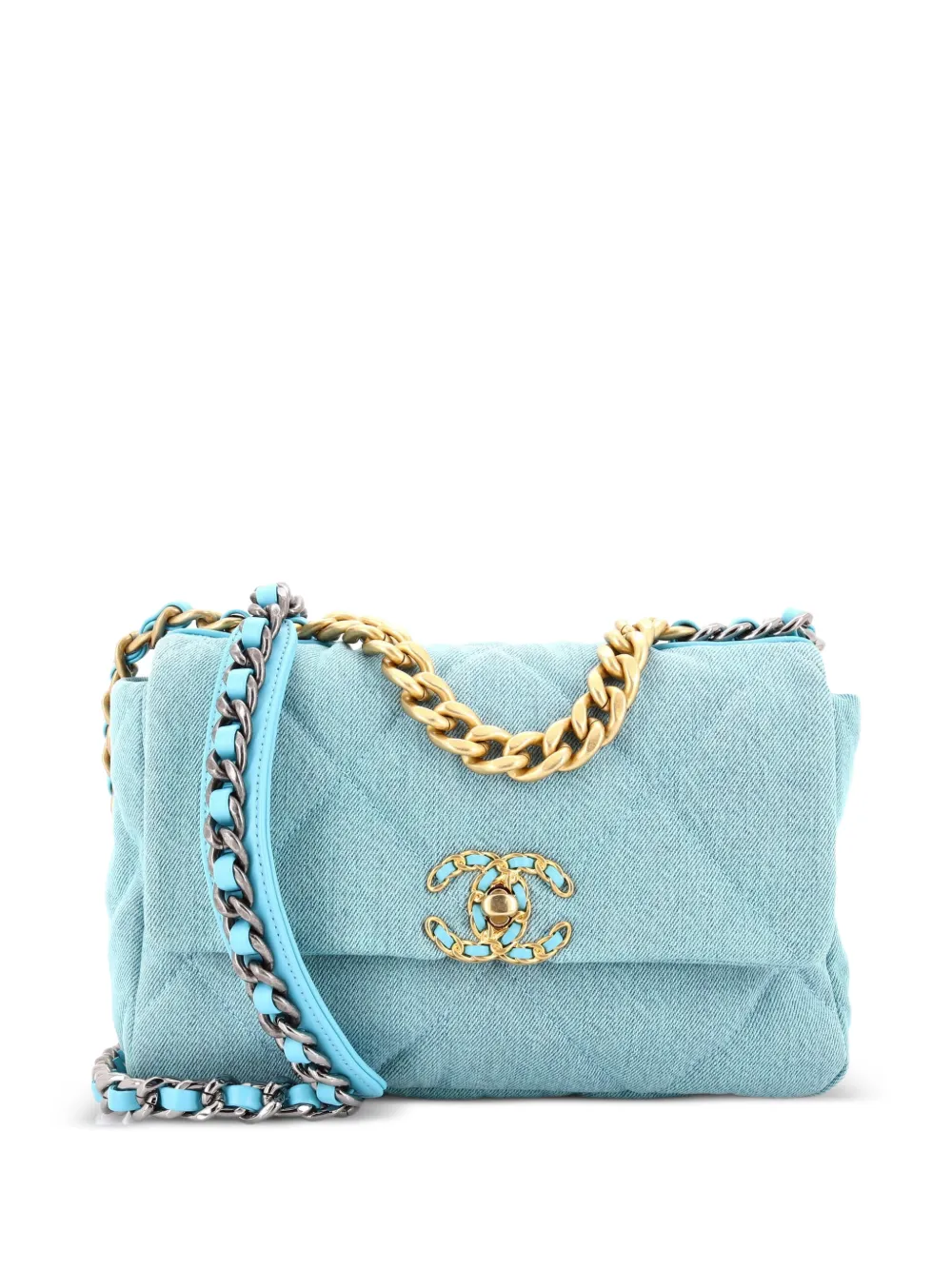CHANEL Pre-Owned Borsa a spalla 19 media in denim trapuntato con battente - Blu