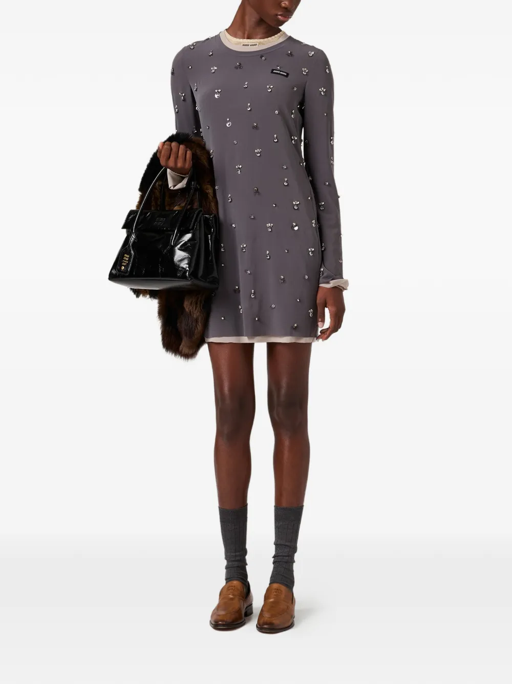 Miu Miu embroidered long-sleeve mini dress - Grijs