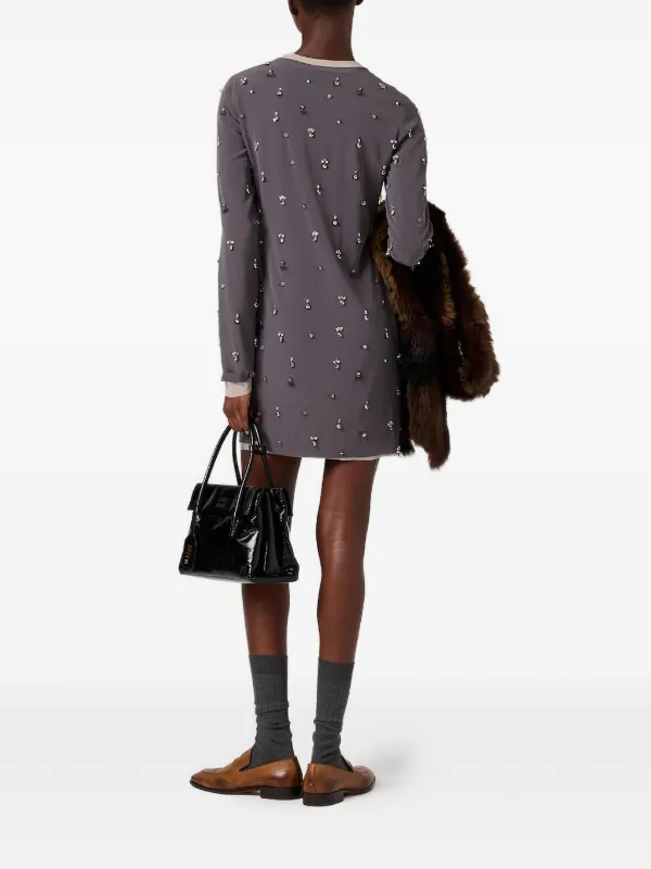 Miu Miu Embroidered Stretch Georgette Dress | Grey | FARFETCH