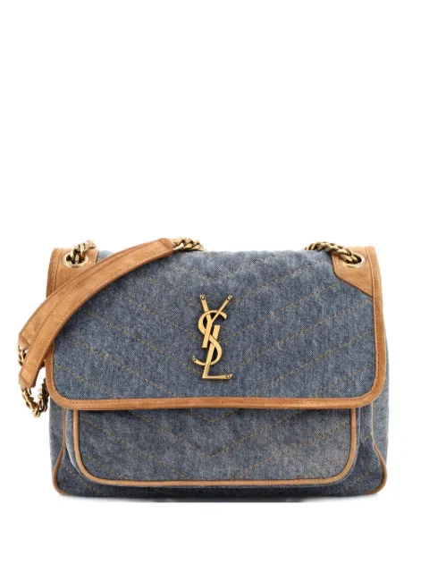 Saint Laurent Pre-Owned Niki Chain Flap Bag Matelasse Chevron Denim with Suede Medium shoulder bag