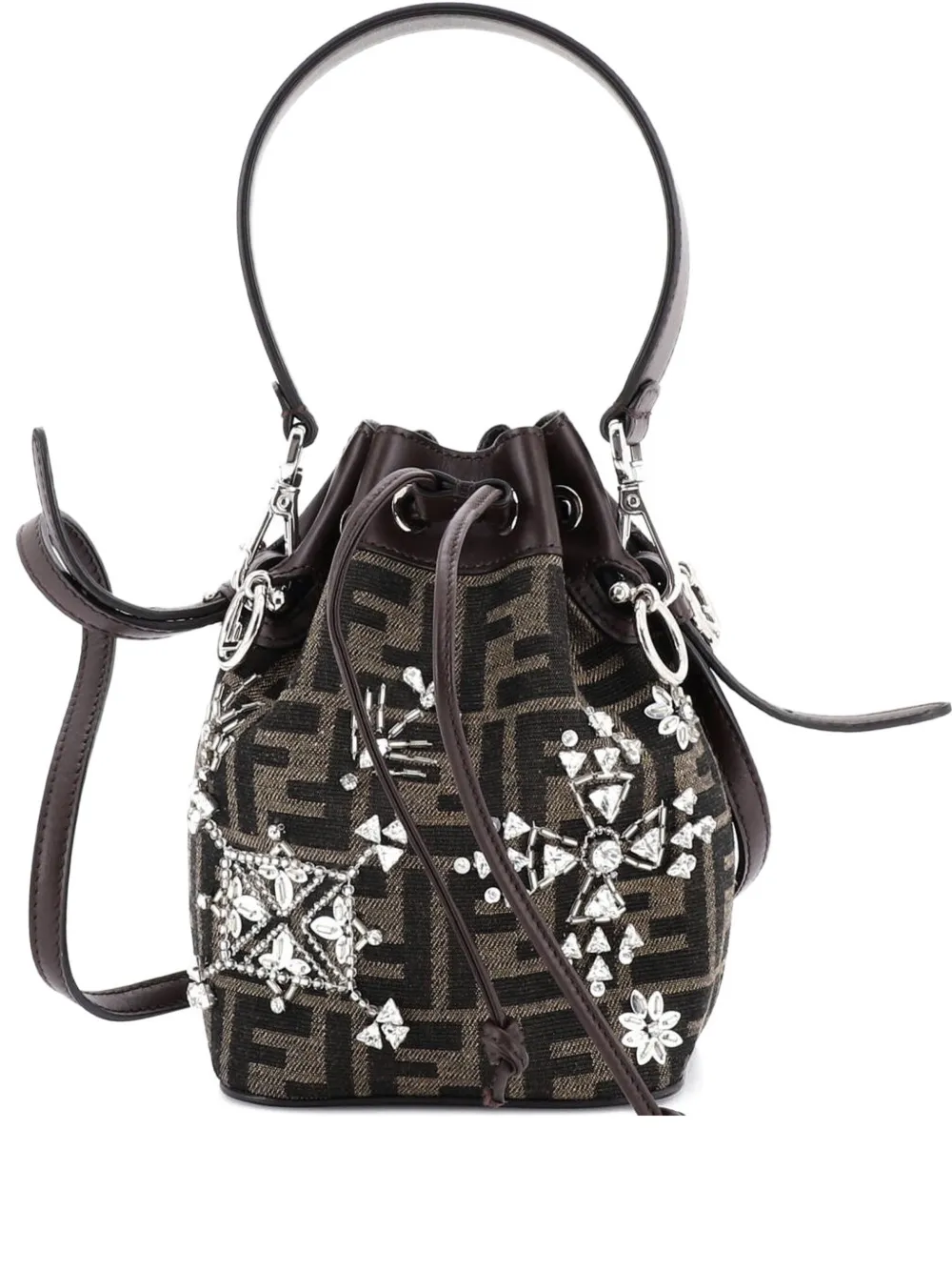 Fendi Pre-Owned Mon Tresor Crystal Embellished Zucca Canvas Mini bucket bag - Marrone