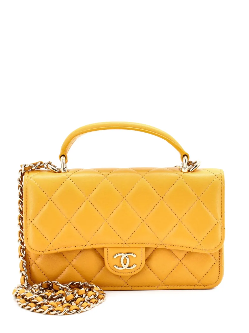 CHANEL Pre-Owned Classic Top Handle Flap Phone Holder with Chain Quilted Lambskin crossbody bag - Giallo