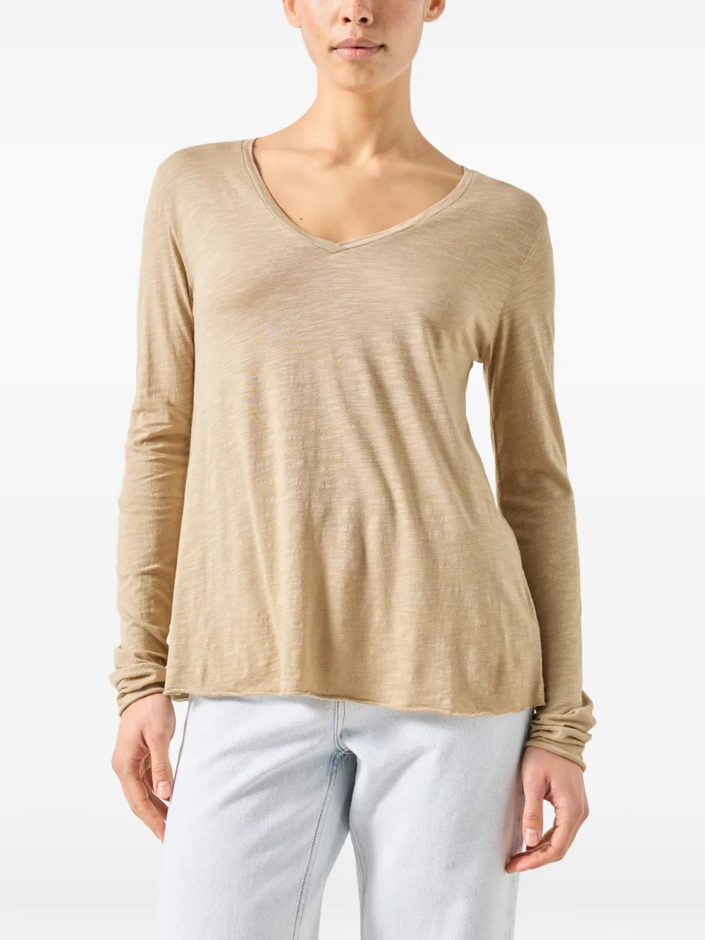 American Vintage Jacksonville T-shirt met V-hals en lange mouwen Beige