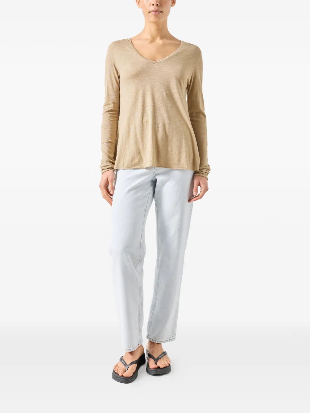 American Vintage Jacksonville T-shirt met V-hals en lange mouwen Beige