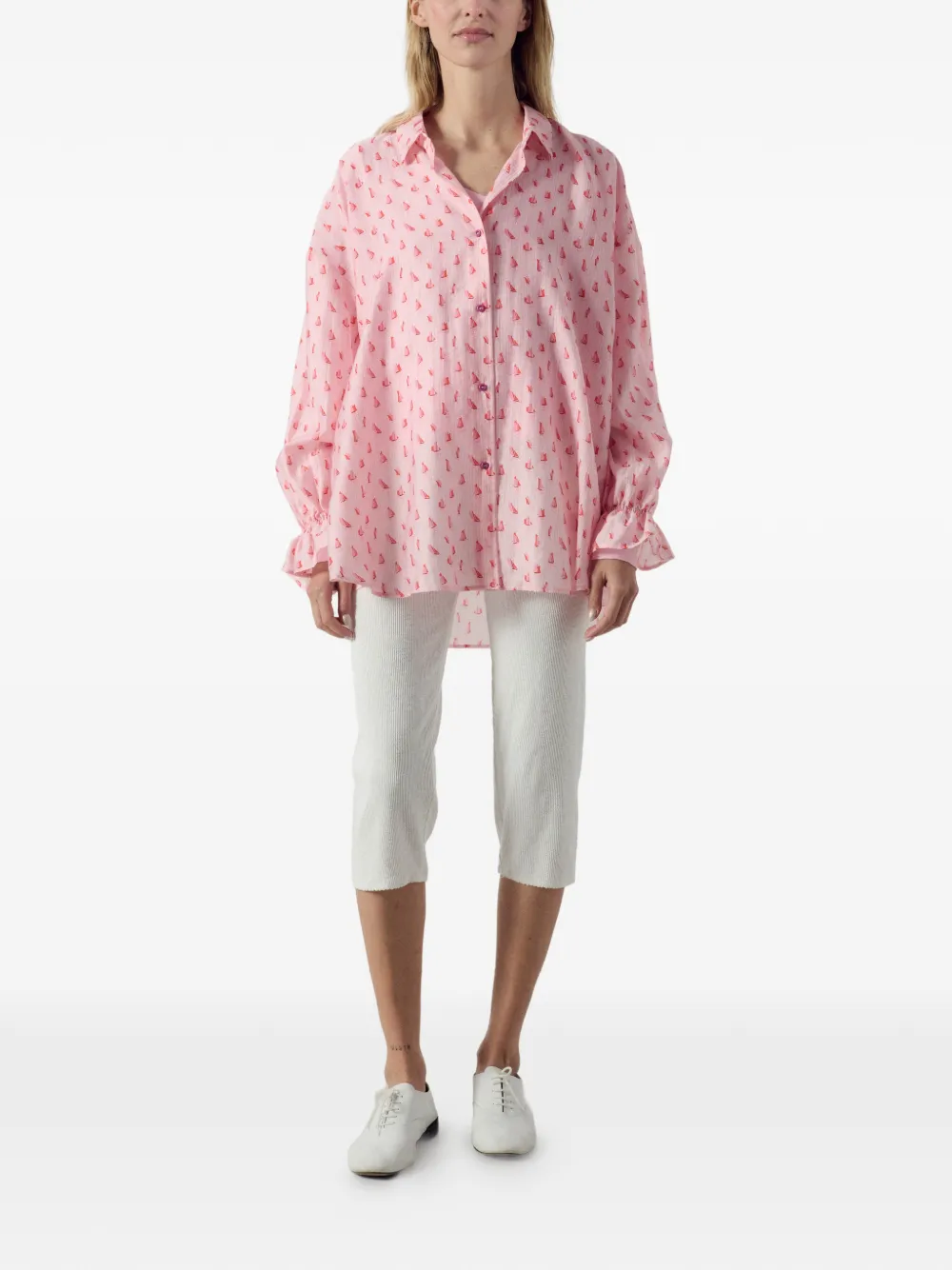 American Vintage Blouse met zeilbootprint en ruches Roze