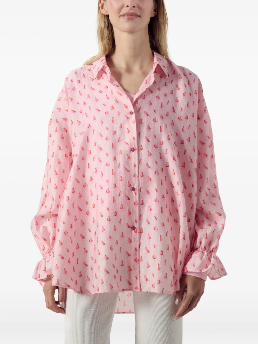 American Vintage Blouse met zeilbootprint en ruches Roze