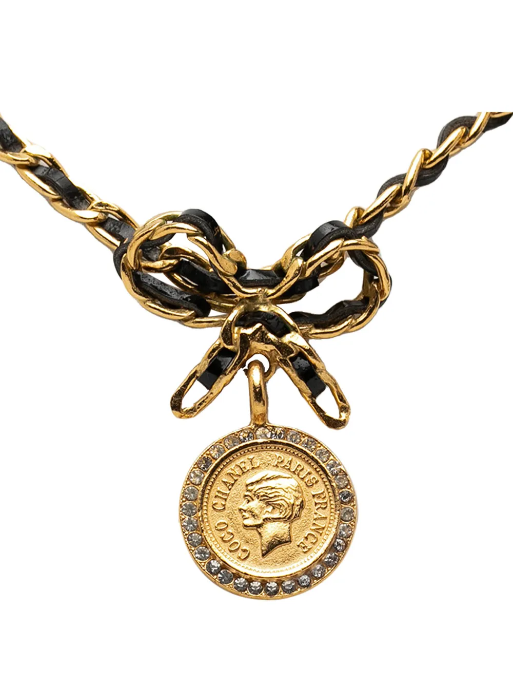 CHANEL Pre-Owned 1996 Leather and Gold Plated Medallion Bow Pendant Necklace costume necklace - Nero