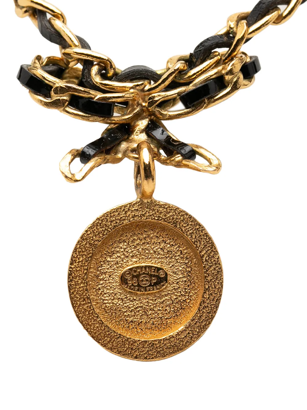 Chanel Pre-owned 1996 Leather And Gold Plated Medallion Bow Pendant Necklace Costume Necklace - Black 