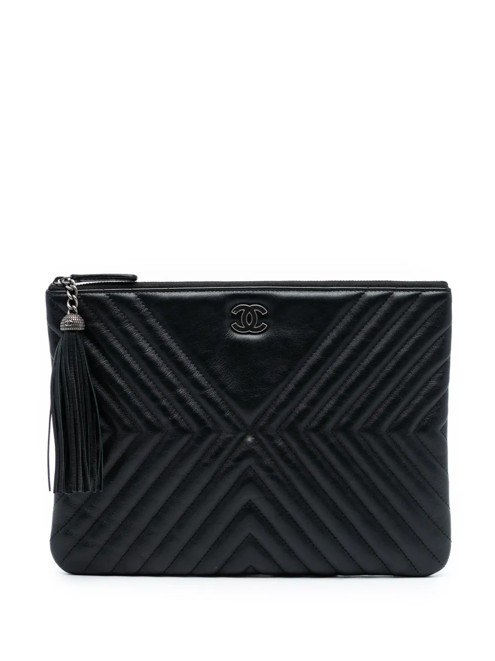 CHANEL Pre-Owned 2019 Medium Diagonal Chevron Calfskin Tassel O Case clutch bag - Nero