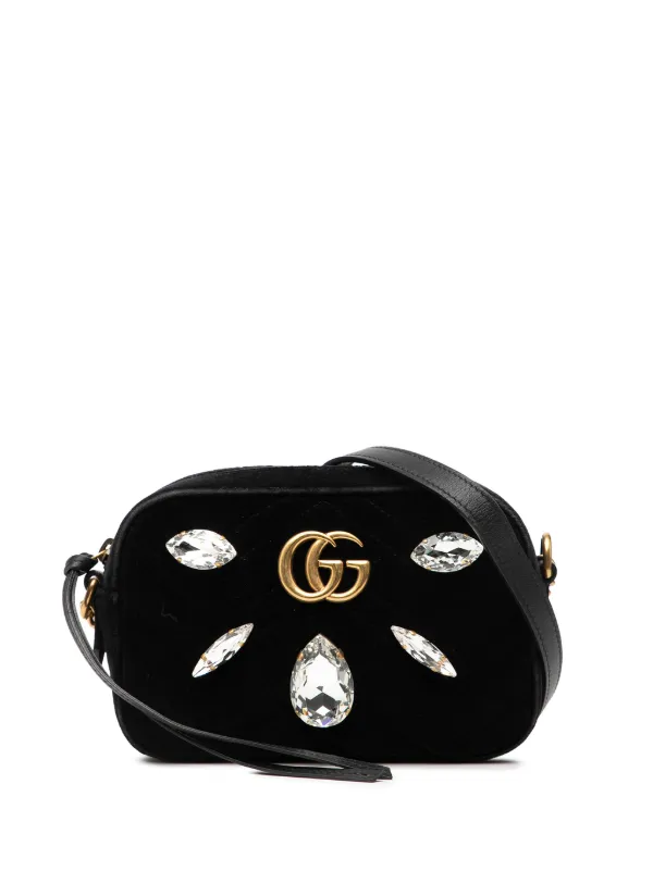 Gucci Pre-owned 2016-2025 Mini GG Marmont Crystal Embellished Matelasse Velvet Crossbody Bag in Black