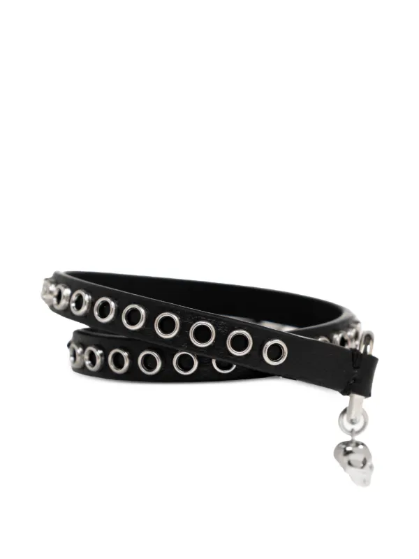 Alexander McQueen スカルチャーム レザーブレスレット | ブラック 