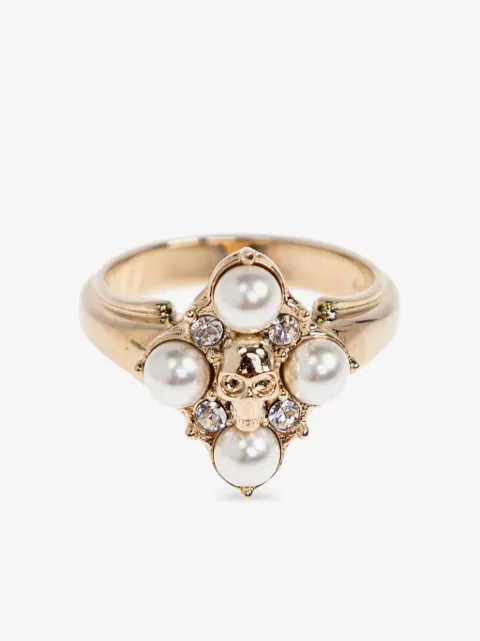 Alexander McQueen Ring met doodskop en parel