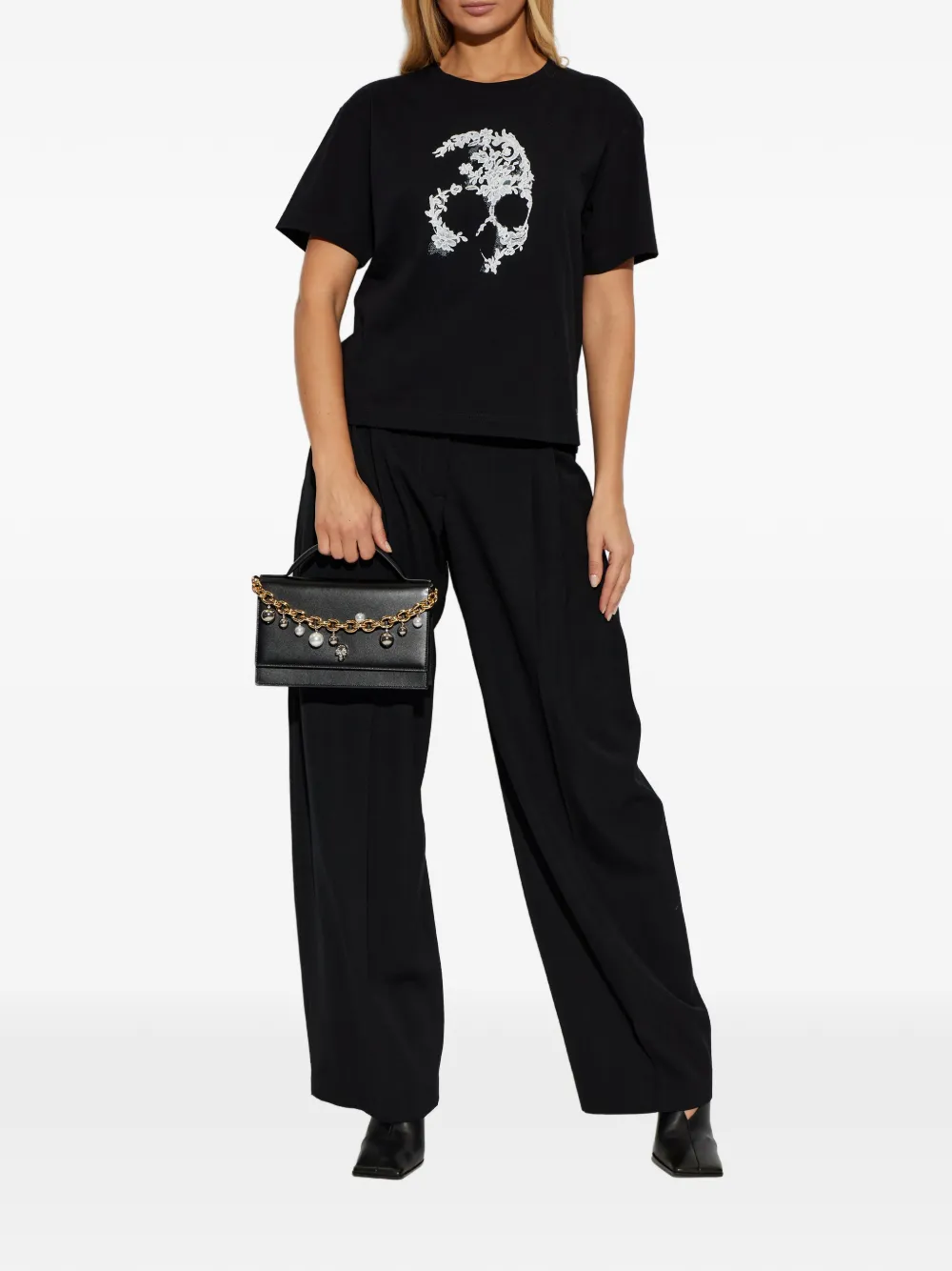 Alexander McQueen T-shirt met doodskop kant Zwart