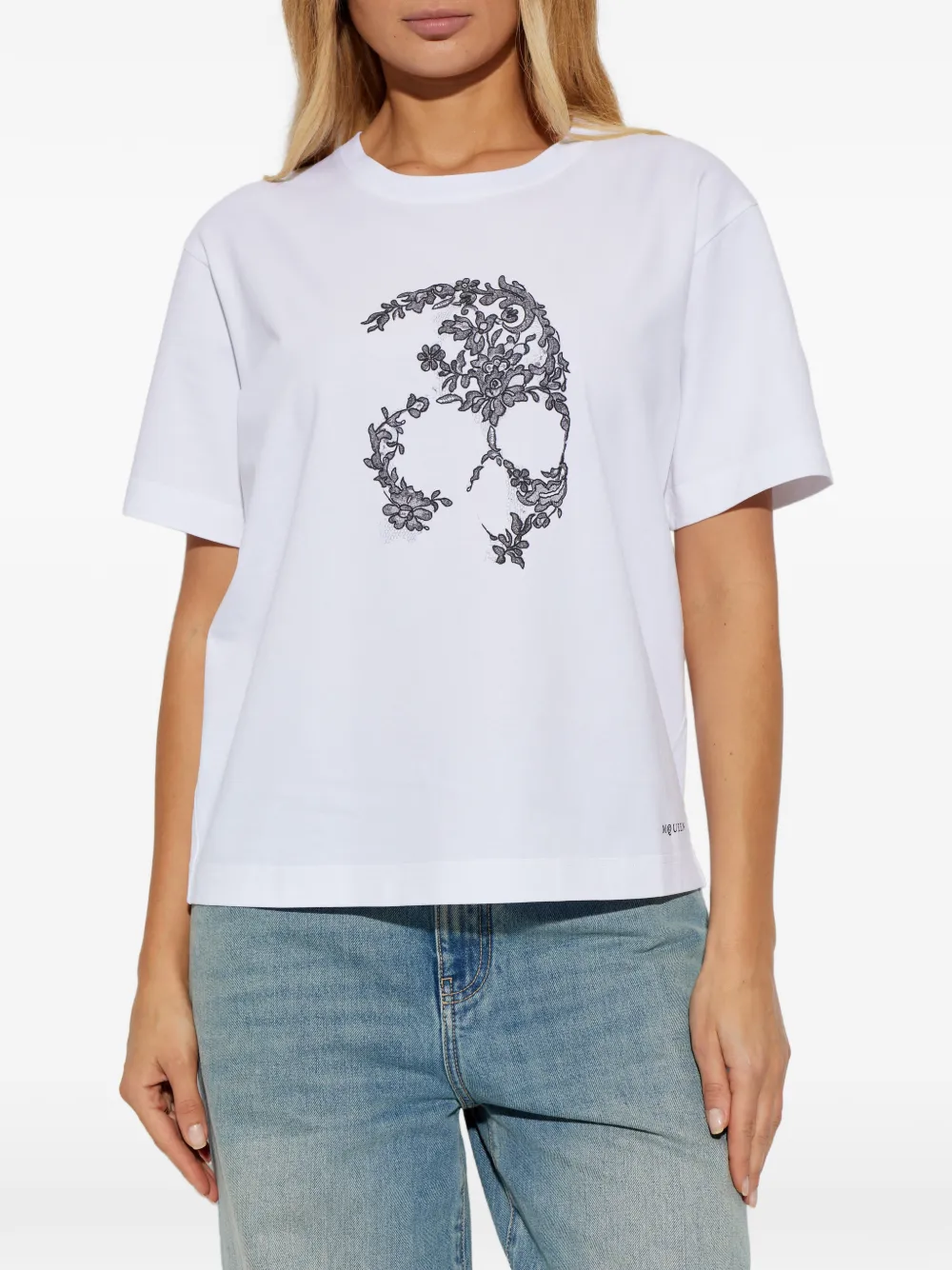 Alexander McQueen T-shirt met doodskop van kant Wit