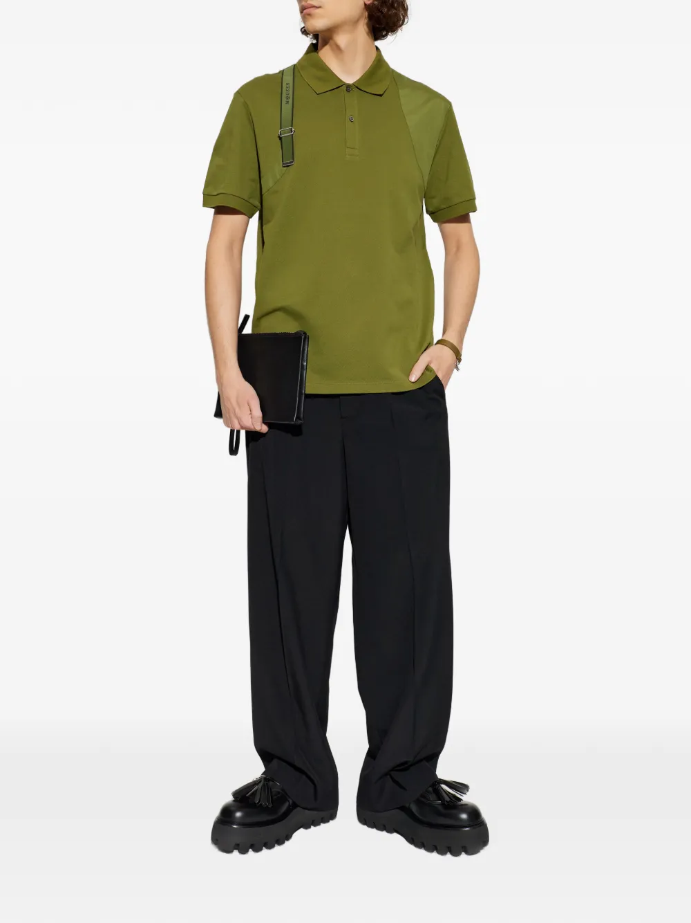 Alexander McQueen panelled strap-detail T-polo shirt - Groen