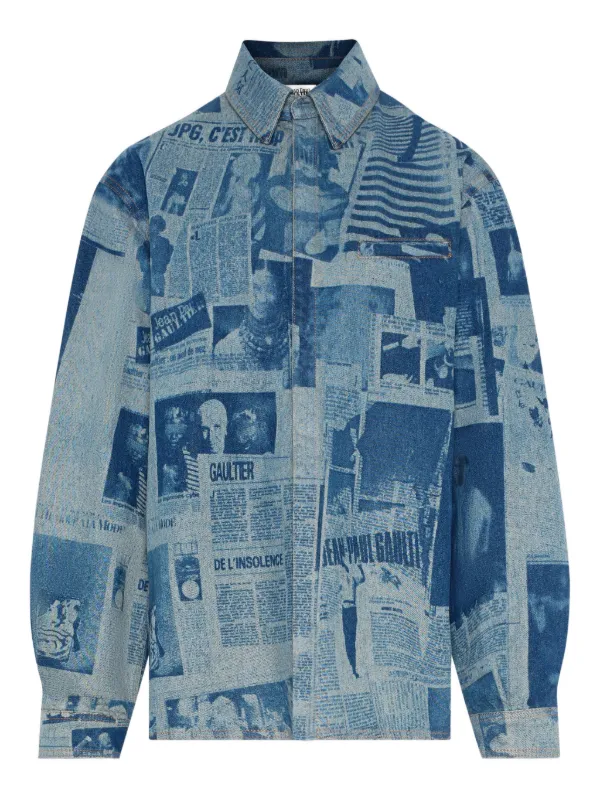 Jean Paul Gaultier Newspaper Print Denim Shirt in Blue