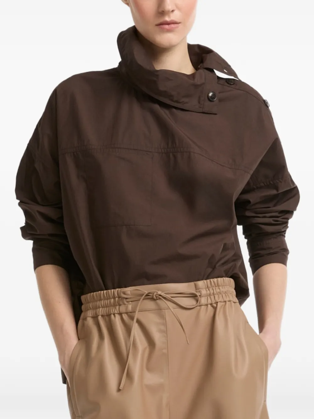 Yves Salomon Popeline blouse met trechterhals Bruin